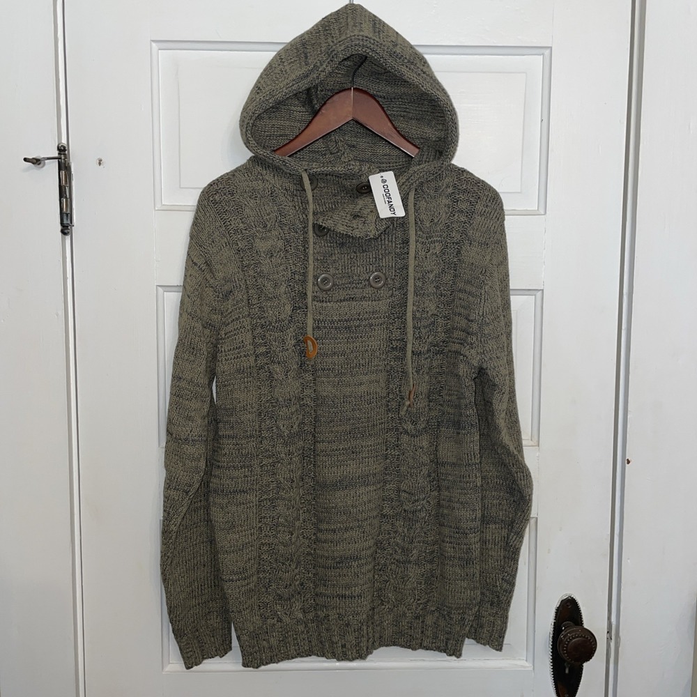 NWT COOFANDY Hooded Kint Sweater Small Double Buttons at the‎ Neck